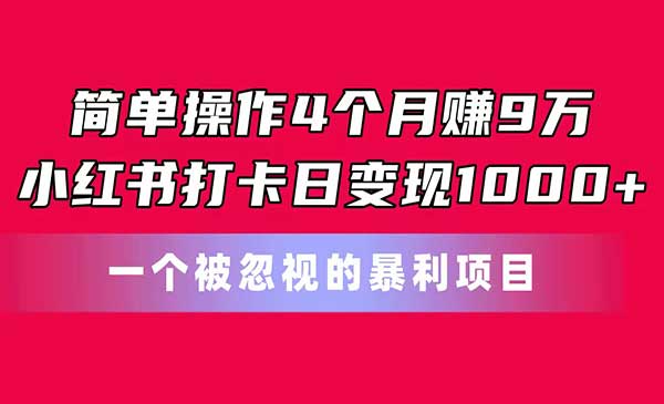 简单操作4个月赚9万！小红书打卡日变现1000+！一个被忽视的暴力项目